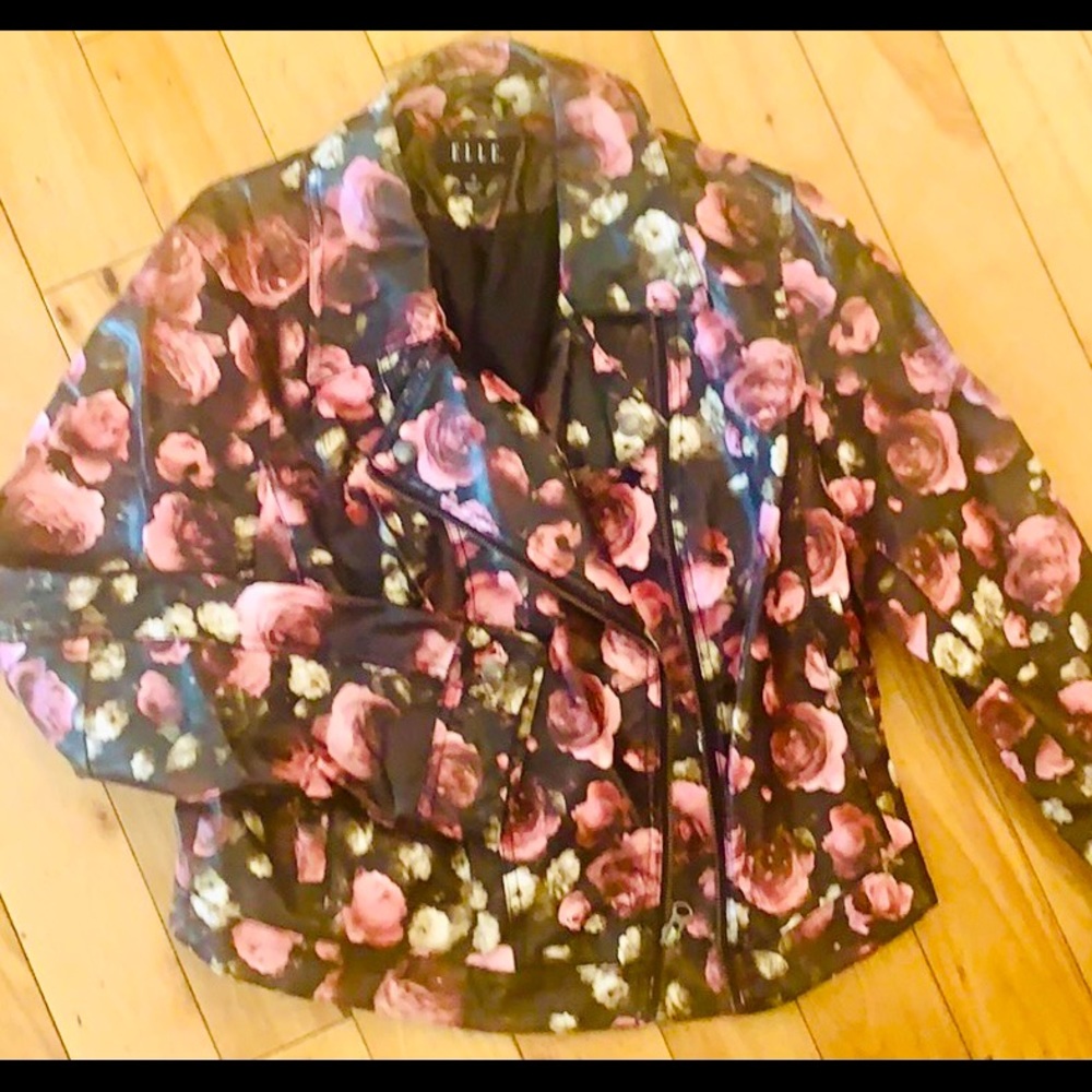 Floral print faux leather jacket.
